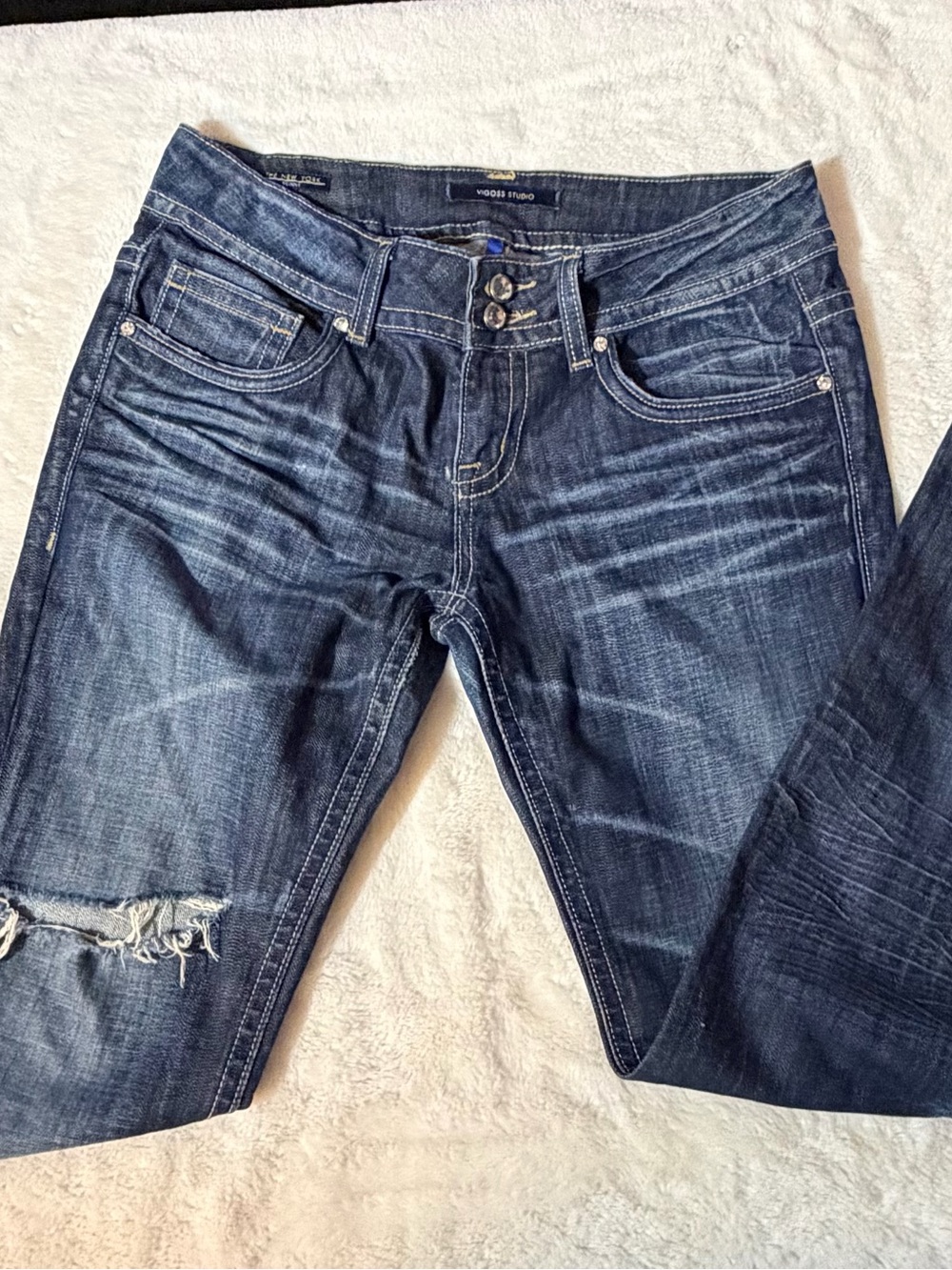 Vigoss Indigo Flared Jeans with Knee Distress